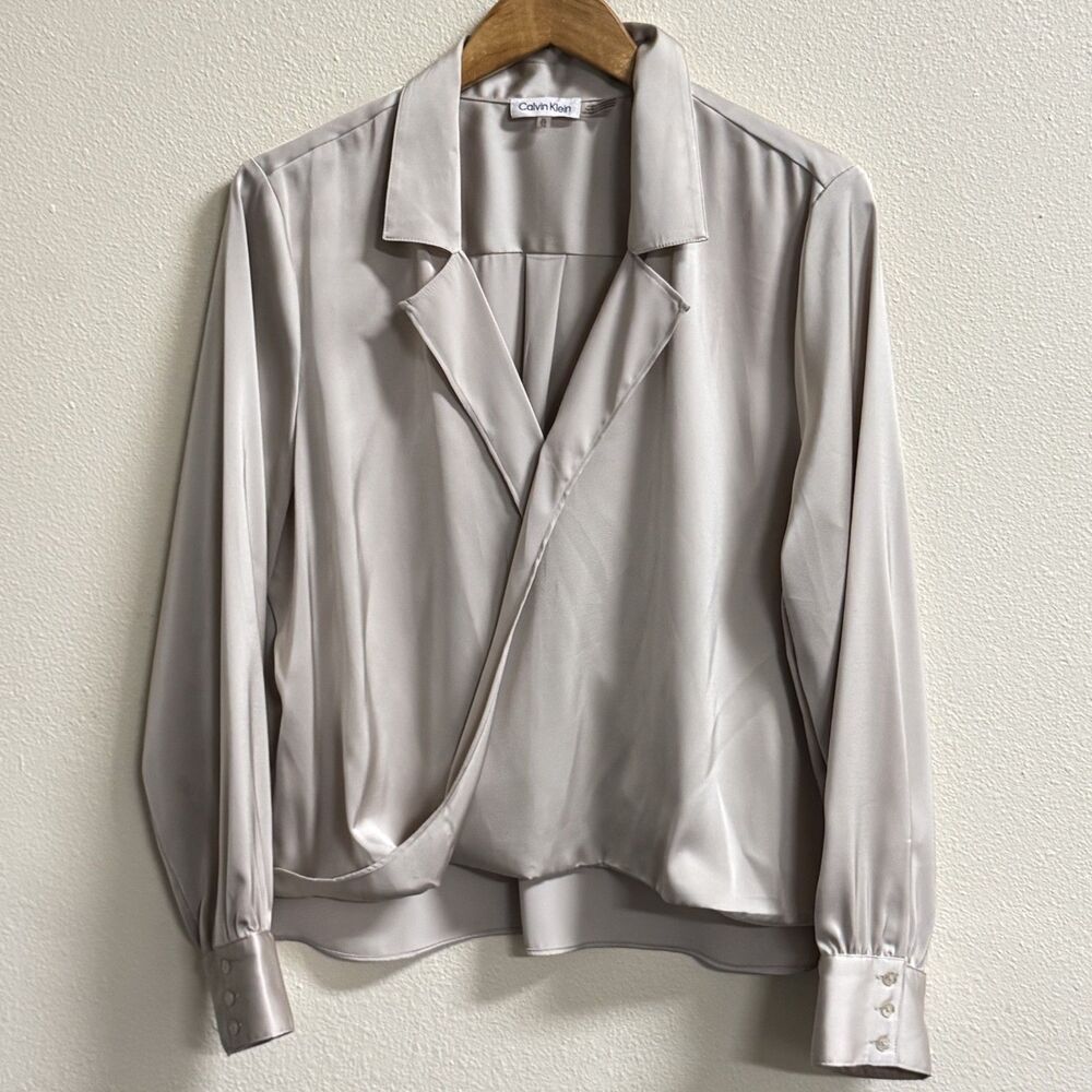 Calvin Klein XL Taupe Pearl Gray Satin Wrap Blouse Long Sleeve